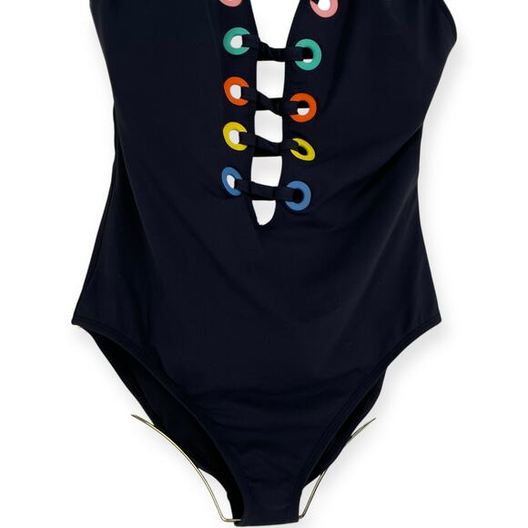 Bleu Rod Beattie Mio Black Rainbow Lattice Criss Cross Plunge Cut Out Swimsuit 6 - Picture 3 of 10